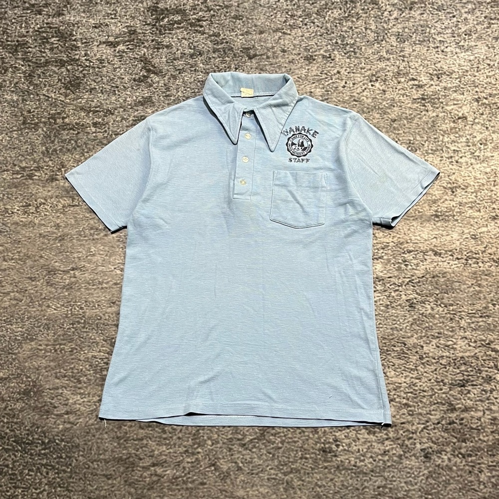 Vintage 1960s 1970s Camp Wanake Staff Polo‎ Shirt Size Large Blue Velva Sheen